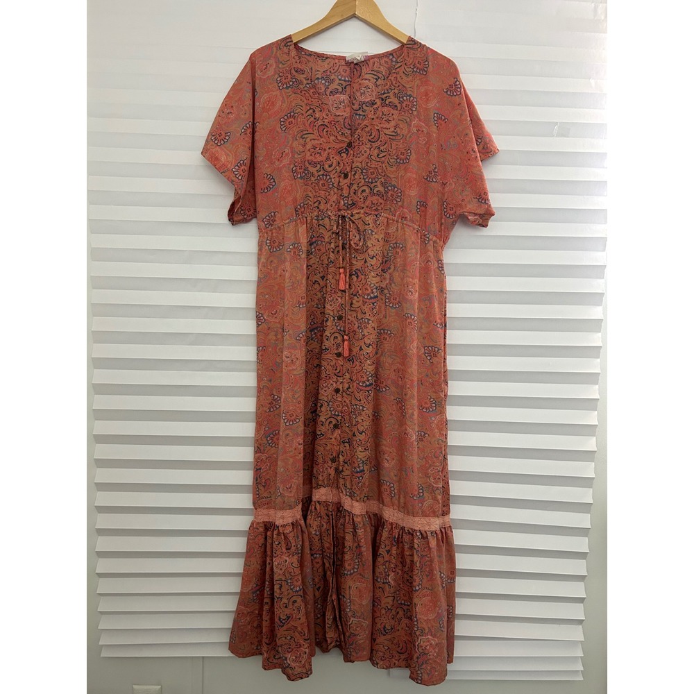 Boemo Paisley Print Maxi Dress Coral Terracotta Boho Tassel Drawstring S Peasant